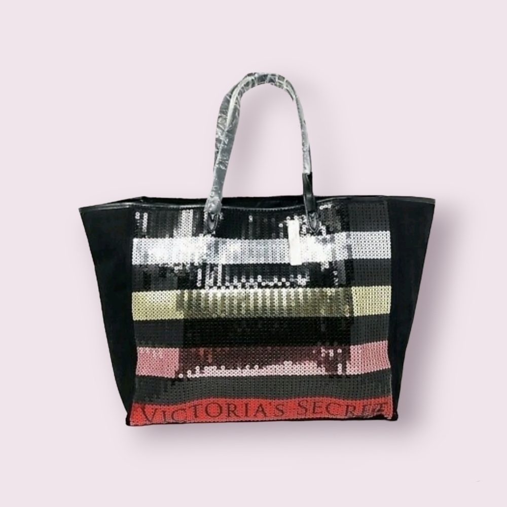 NEW Victorias Secret Shopping Tote Sequin Stripe Red Gold Silver on Black Canvas